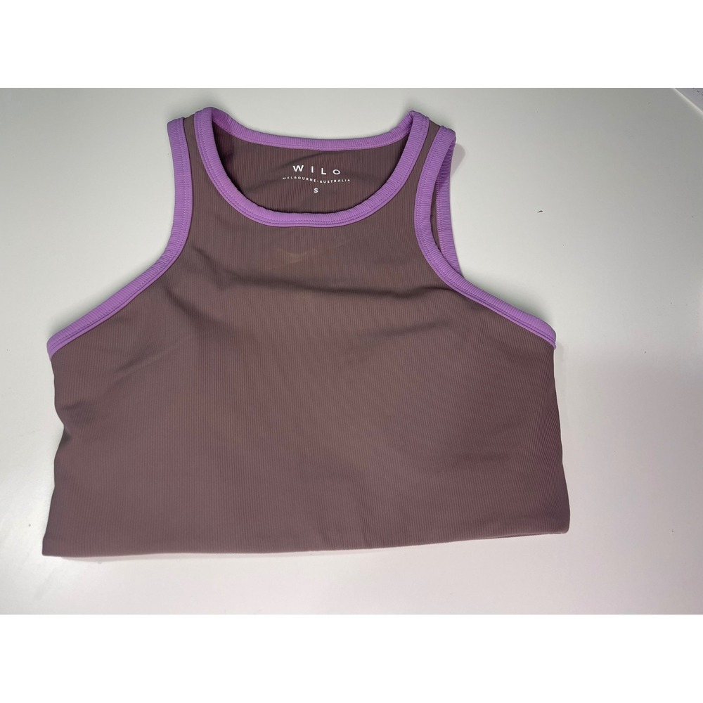 WILO The Label Ribbed Crop Tank Top Brown Purple Trim Small Athleisure Yoga